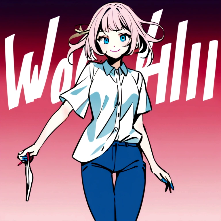 A girl wearing a white button-down shirt and blue skinny jeans, and some white tennis shoes, who has straight pink hair and who has a mischievous smile