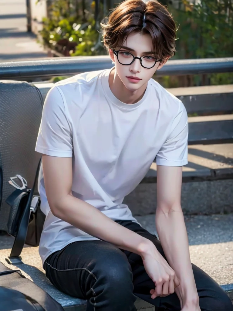 1 age boy, detailed eyes, curly brown hair, pale smooth skin, sitting outdoors, black skinny jeans, plaid shirt outside, t-shirt inside, model, (best quality,4k,8k,highres,masterpiece:1.2),ultra-detailed,(realistic,photorealistic,photo-realistic:1.37),hyperrealistic, cinematic lighting, professional photography, natural setting, warm color tones, pale skin ultra realistic soft smooth skin, soft smile, wearing glasses, skater boy vibe, sitting at skatepark, handsome man, very handsome face