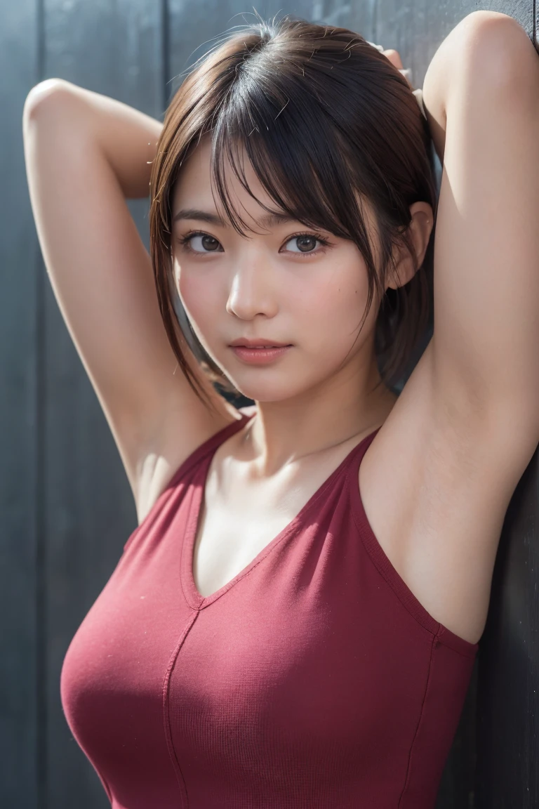 (Ultra HD、Ultra-high resolution、Realistic:1.3、8K、Japanese office lady、In front of the wall)、Attention in the armpits、Look Viewer、(Extremely realistic skin texture:1.4)、(Realistic:1.3)、short hair、((Embarrassed expression:1.3))、(blonde:1.3)、40-year-old woman、Mature Woman、ponytail、(Lift your arms and show your armpits:1.3)、((Face close-up:1.45))、(Armpit sweat)、Leaning against a wall、((Shooting from the side:1.05))