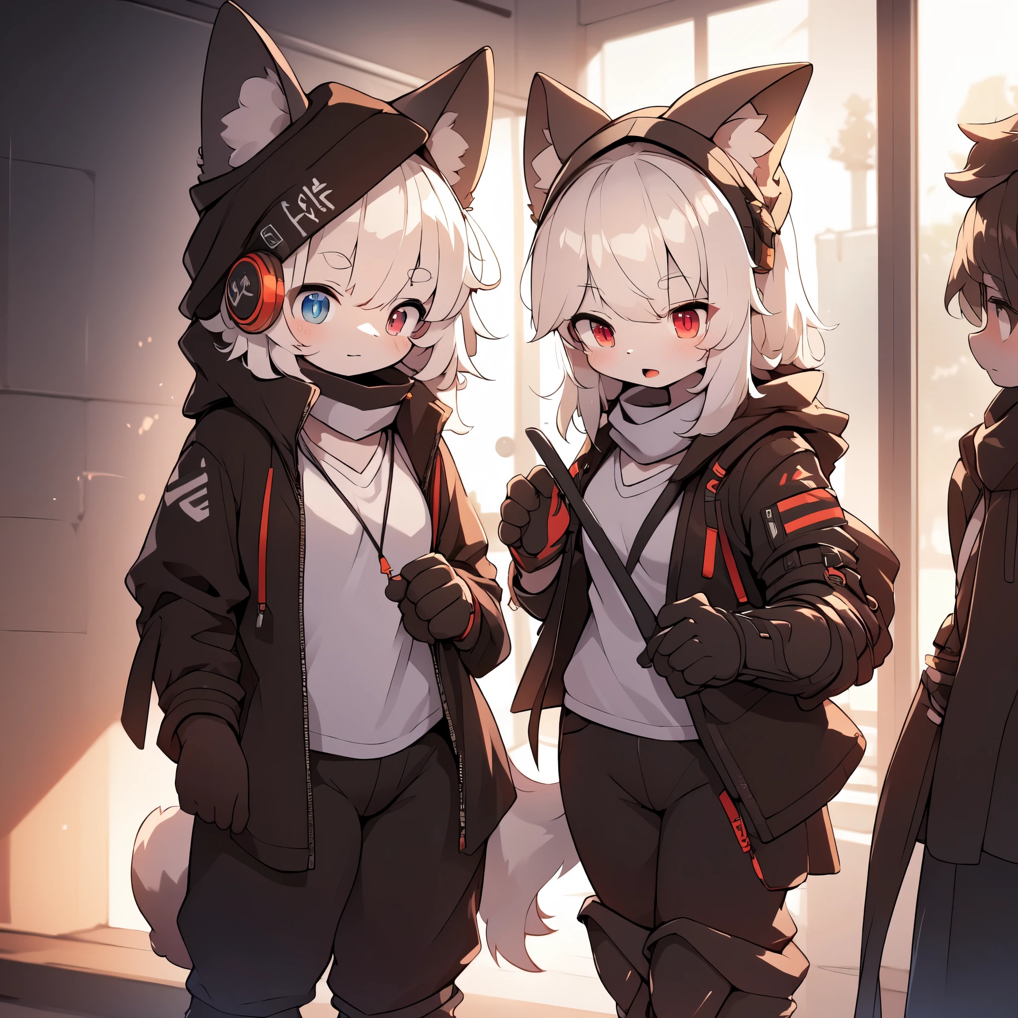 Kawaii, Striped Fluffy Fox, emaciated, long hair, 3girls, flawless skin, life support prosthetics, digital headphones, white long t-shirt, brown pantyhose, loose off-the-shoulder hood open jacket, belted long boots, tactical knee pads, loose Arm Sleeves, cybernetic Display gloves, chest rigs, tactical belts, ray tracing, depth of field, bloom, masterpiece, accurate, extreme detail description, volumetric lighting, rim lighting, chiaroscuro lighting, beautiful detailed face, physically-based rendering, HDR, UHD, anatomically correct, vivid colors, halbard