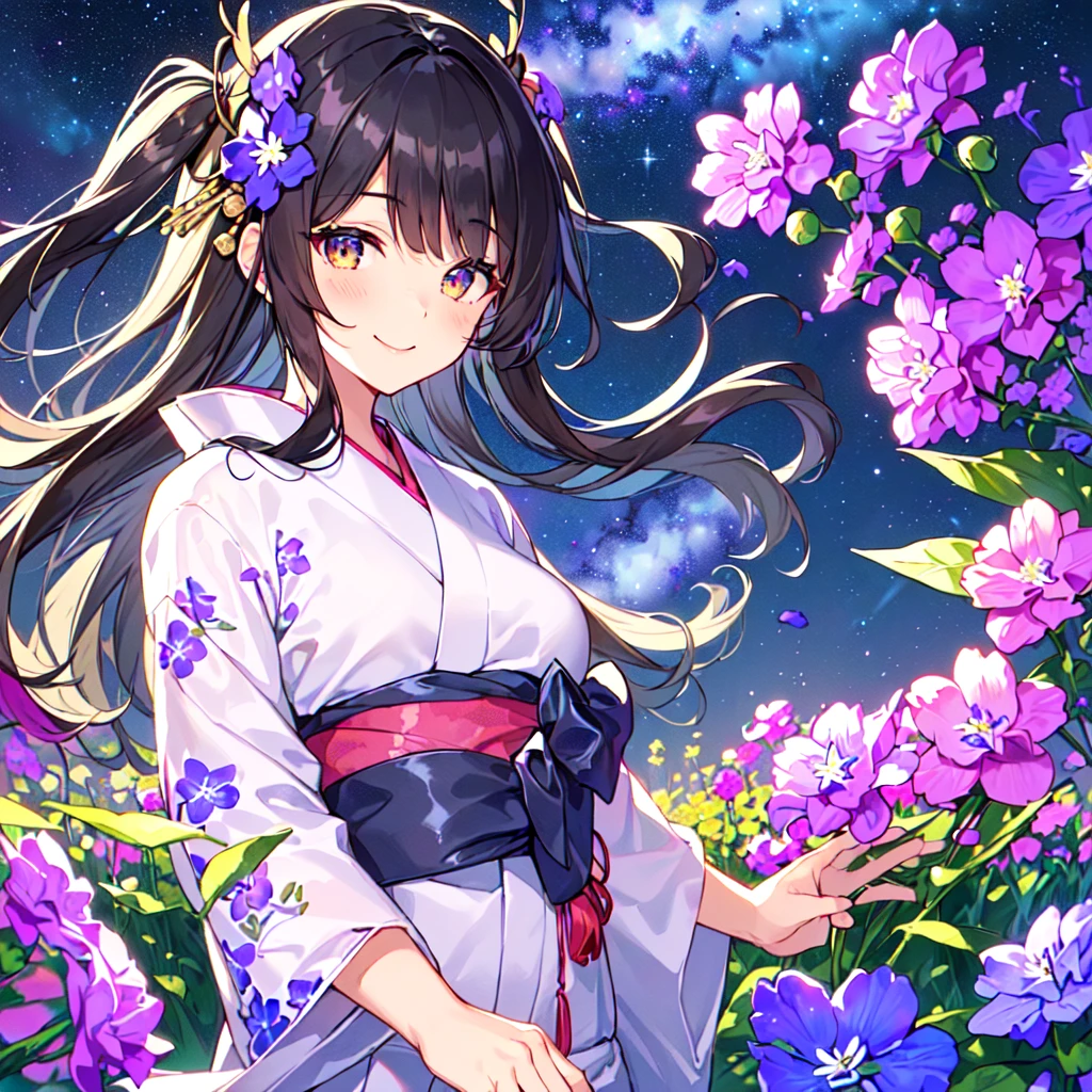 masterpiece, best quality, high quality, extremely detailed, very delicate and beautiful, (1 female 18 years old solo:1.5), (long black hair up to waist with two side up:1.5), bangs to eyebrows, eyes (eyes sharp, strong and glossy, eyebrows glossy, (eye color magenta: 1.3), 6.5 head height, (yukata bellflower flower print fashion: 1.3), bellflower hair ornament, knee socks, ruffles, lace, (smiling), (running), (dynamic pose), (background bellflower colorful flower field:1.3), (Milky Way Night Sky:1.3), (upper body:1.3)