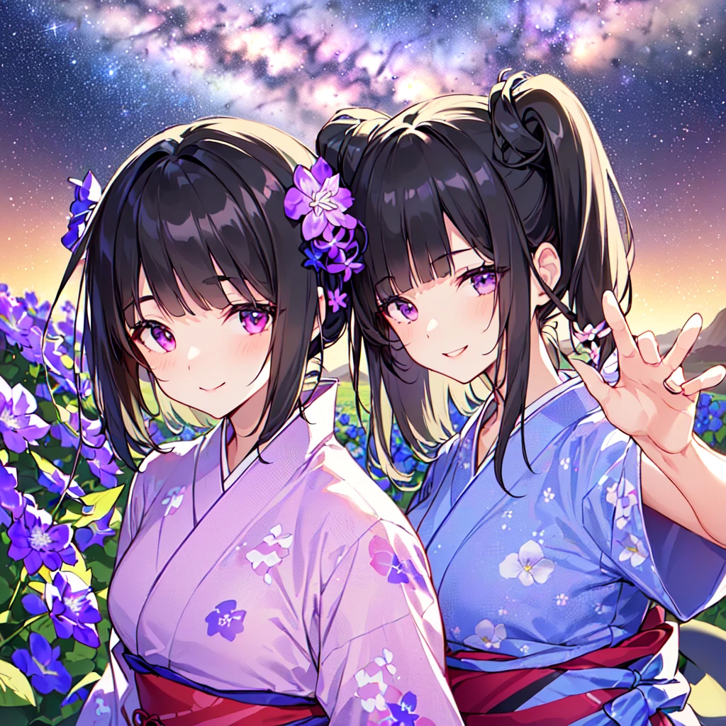 anime、Vibrant colors、beautiful girl、15 years old、Black Hair、A face that retains its youthfulness、short hair、Her hair is cut short, just short of her shoulders、Bright eyes、Sparkling eyes、A cheerful smile、Gazing into the distance、profile、dancing、Clear water flows like a waterfall、Fantastic World、night、Starry Sky、kimono