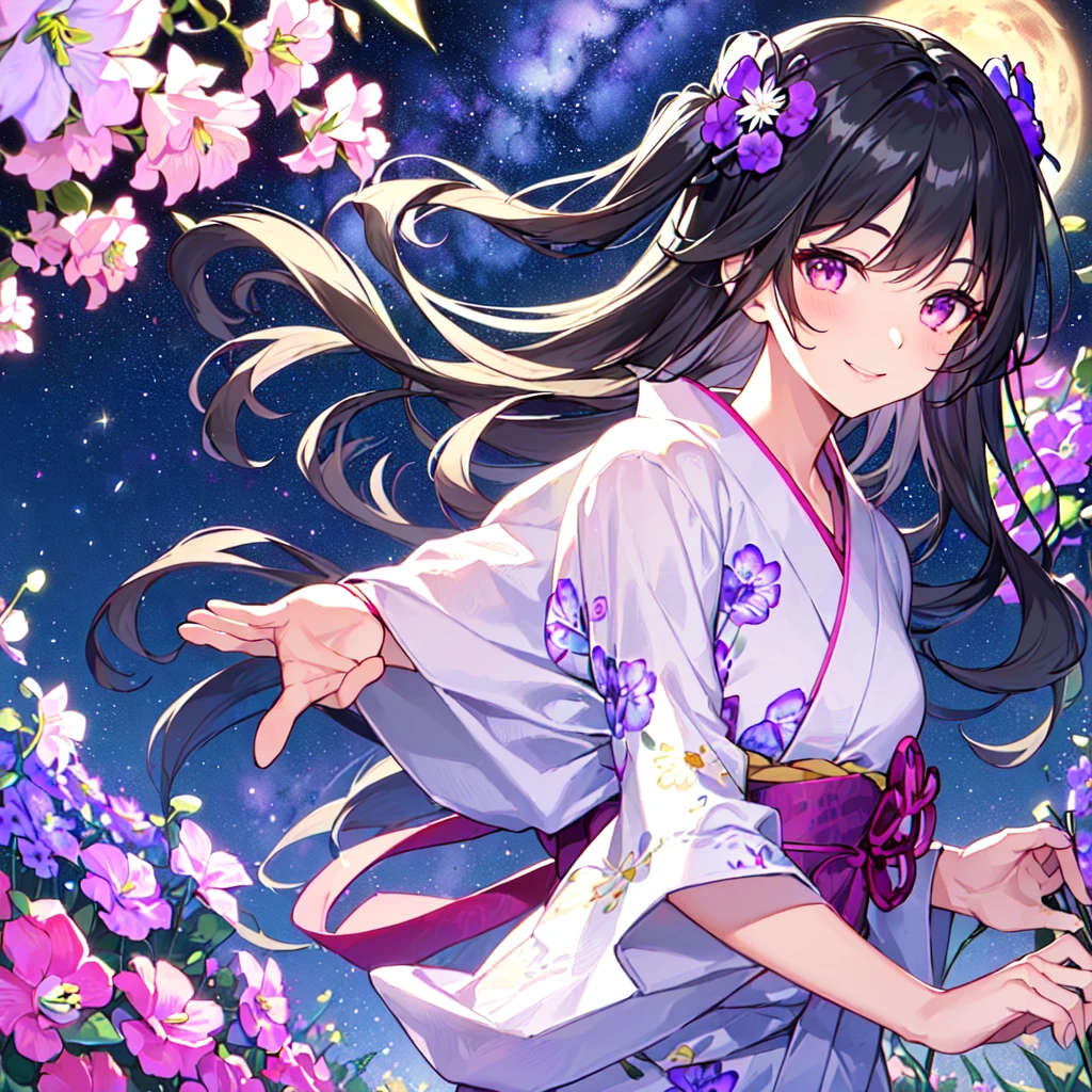 masterpiece, best quality, high quality, extremely detailed, very delicate and beautiful, (1 female 18 years old solo:1.5), (long black hair up to waist with two side up:1.5), bangs to eyebrows, eyes (eyes sharp, strong and glossy, eyebrows glossy, (eye color magenta: 1.3), 6.5 head height, (yukata bellflower flower print fashion: 1.3), bellflower hair ornament, knee socks, ruffles, lace, (smiling), (running), (dynamic pose), (background bellflower colorful flower field:1.3), (Milky Way Night Sky:1.3), (upper body:1.3)