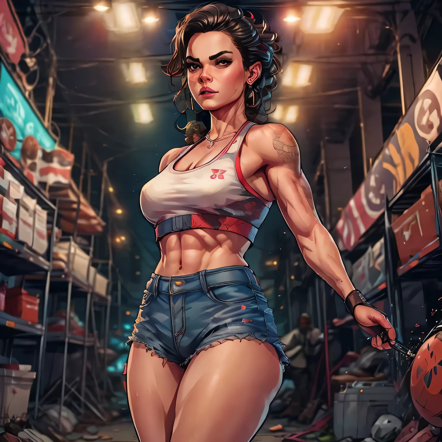 ((Guts pump)) ((look up at the ceiling))((Flashy professional wrestler costume))(((Female professional wrestler))) (((Muscular))) Female (((Abs)))(((female professional wrestler)))) cleavagelarge monitorPro wrestling lighting match venue cocktail light crowd,,
