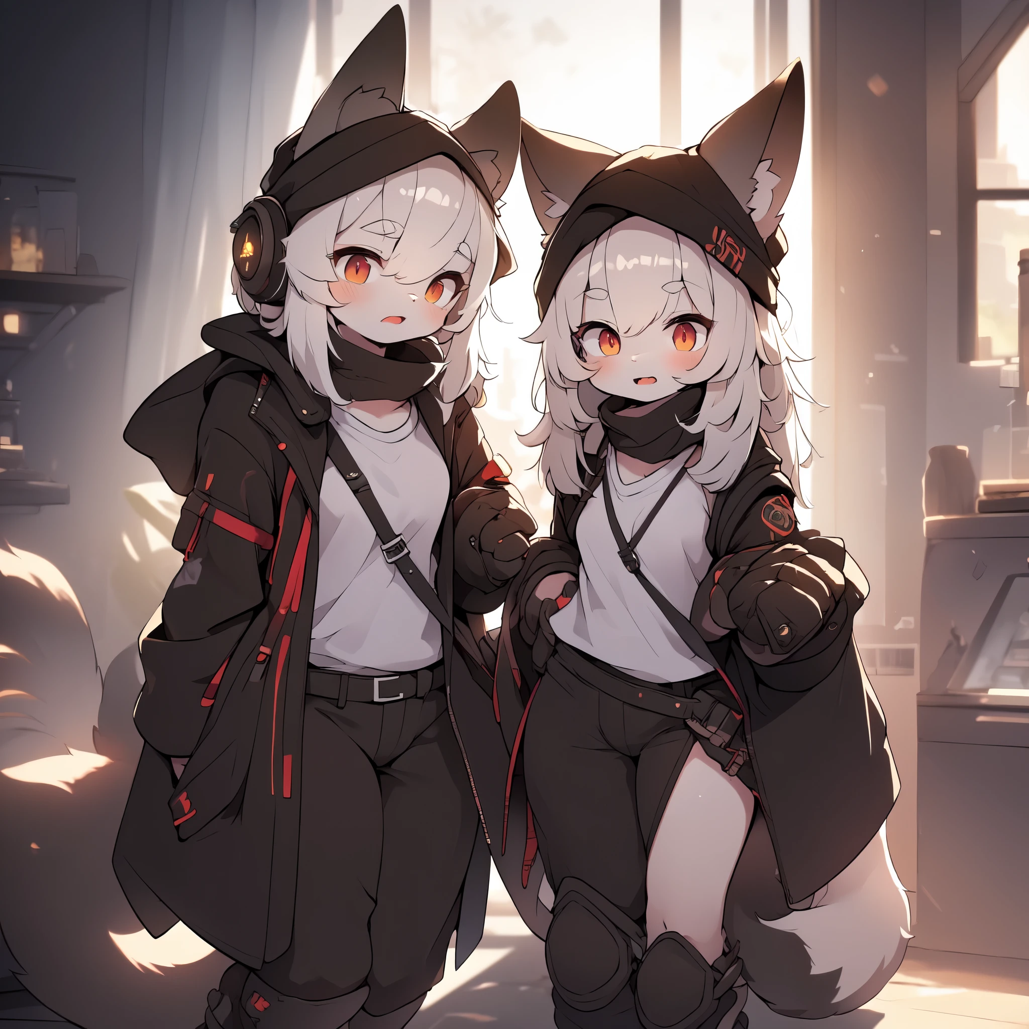 Kawaii, Striped Fluffy Fox, emaciated, long hair, 3girls, flawless skin, life support prosthetics, digital headphones, white long t-shirt, brown pantyhose, loose off-the-shoulder hood open jacket, belted long boots, tactical knee pads, loose Arm Sleeves, cybernetic Display gloves, chest rigs, tactical belts, ray tracing, depth of field, bloom, masterpiece, accurate, extreme detail description, volumetric lighting, rim lighting, chiaroscuro lighting, beautiful detailed face, physically-based rendering, HDR, UHD, anatomically correct, vivid colors, halbard