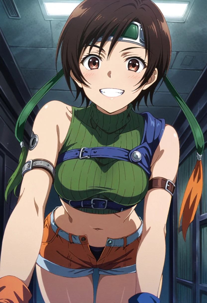 score_9, score_8_up, score_7_up,,BREAK source_anime, from below,low angle ,bent over,all fours,straight-on,medium shot,looking_at_viewer,1girl, yuffie kisaragi, final fantasy, short hair,headband,navel,sleeveless,turtleneck,brown eyes,sleeveless turtleneck,solo,breasts,,smile,gloves,crop top,brown hair,shorts,midriff,,sweater,open fly,fingerless gloves,ribbed sweater,medium breasts,yufi_kisaragi,grin, (best quality),(aesthetic,very aesthetic),masterpiece, highres, (anime screenshot:0.5),