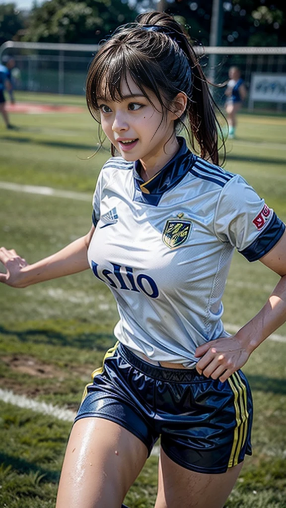 Highest quality, High resolution:1.2, Very detailed, Realistic:1.3, ((Beautiful woman))、((Super tight uniform))、((Big Breasts))、Vibrant colors, play soccer,((Blunt bangs))、With bangs、Wet Hair, concentrated, splash, Action Shots, Grass blotches, Muddy ground, Wet turf, decide, Fast-paced games, Athletic physique, Shiny soccer ball, Wet Uniform, raindrop, Blurred motion, ボールにconcentratedする, Intense competition, Skillful dribbling, Energetic play, Teamwork, powerful shoots, Wet pitch, Passionate sports, Fierce decide, Humid atmosphere, Fluid movement, emotional expression、Dramatic lighting, Women's Sports, Avid athletes, Exciting Games, Endure, Excited state, Speed and agility, Energetic play, 濡れたsplash、smile、Red uniform、