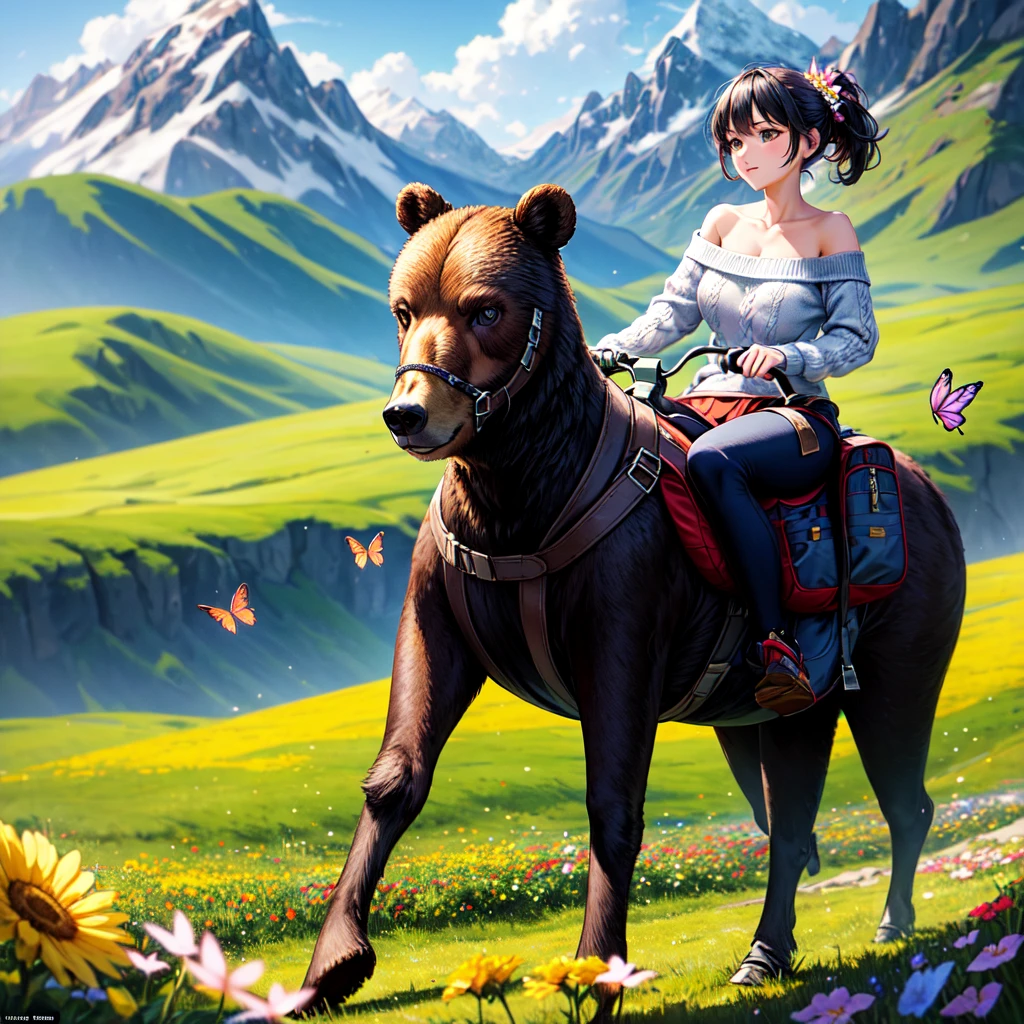 ((best quality)), ((masterpiece)), (detailed), 1girl, off-shoulder sweater, a riding bear in heavy armor and a saddle loaded with hiking bags walks through a flower meadow over which butterflies flutter against the backdrop of high mountains,