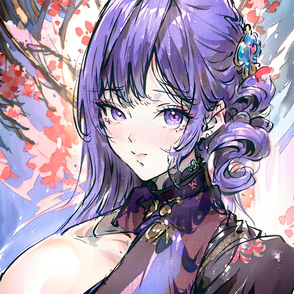 beautiful detailed girl, 1girl, purple hair, purple eyes, large breasts, (best quality,4k,8k,highres,masterpiece:1.2),ultra-detailed,(realistic,photorealistic,photo-realistic:1.37),extremely detailed face and eyes,long lashes,sakura matou,intricate details,vibrant colors,cinematic lighting,dramatic shadows,fantasy art,digital painting,illustration