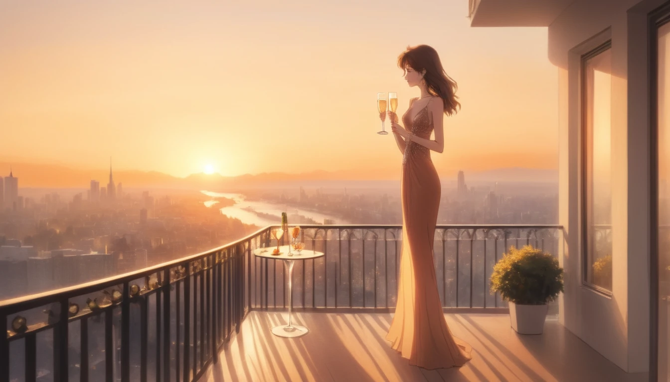 Evening balcony, woman with a glass of champagne, beautiful sunset, elegant and serene, high resolution, warm tones, cityscape in the distance, peaceful ambiance