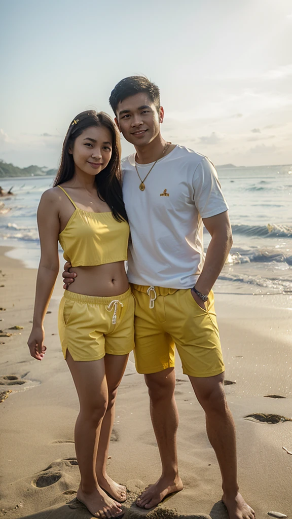 Realistic pilipino couple wearing a yellow summer outfit and shorts standing in beach.