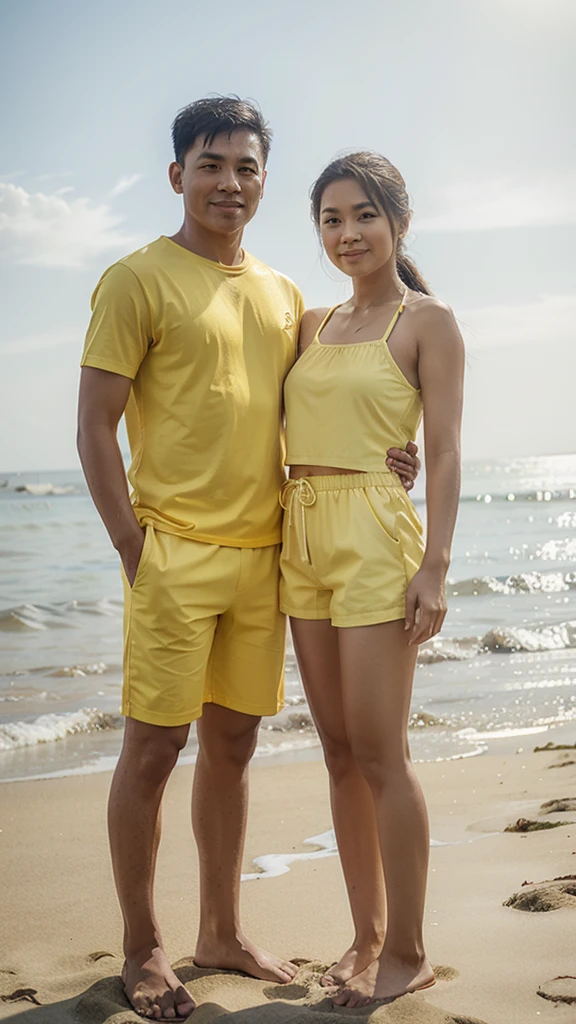 Realistic pilipino couple wearing a yellow summer outfit  and shorts standing in beach.