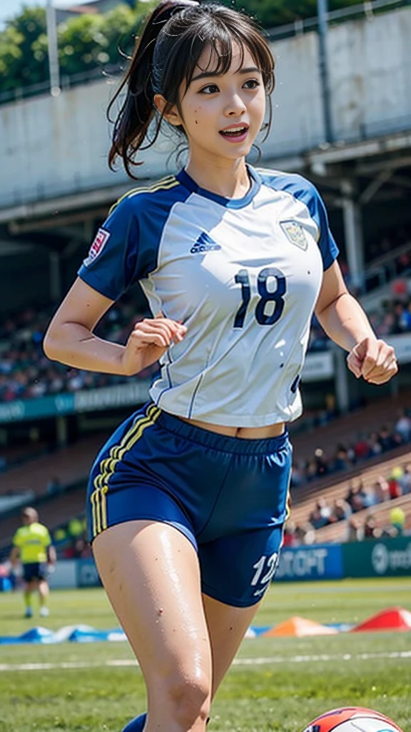 Highest quality, High resolution:1.2, Very detailed, Realistic:1.3, ((Beautiful woman))、((Super tight uniform))、((Big Breasts))、Vibrant colors, play soccer,((Blunt bangs))、With bangs、Wet Hair, concentrated, splash, Action Shots, Grass blotches, Muddy ground, Wet turf, decide, Fast-paced games, Athletic physique, Shiny soccer ball, Wet Uniform, raindrop, Blurred motion, ボールにconcentratedする, Intense competition, Skillful dribbling, Energetic play, Teamwork, powerful shoots, Wet pitch, Passionate sports, Fierce decide, Humid atmosphere, Fluid movement, emotional expression、Dramatic lighting, Women's Sports, Avid athletes, Exciting Games, Endure, Excited state, Speed and agility, Energetic play, 濡れたsplash、smile、Red Uniform