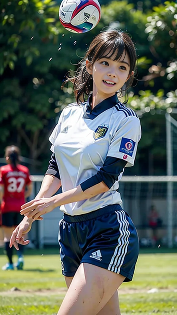 Highest quality, High resolution:1.2, Very detailed, Realistic:1.3, ((Beautiful woman))、((Super tight uniform))、((Big Breasts))、Vibrant colors, play soccer,((Blunt bangs))、With bangs、Wet Hair, concentrated, splash, Action Shots, Grass blotches, Muddy ground, Wet turf, decide, Fast-paced games, Athletic physique, Shiny soccer ball, Wet Uniform, raindrop, Blurred motion, ボールにconcentratedする, Intense competition, Skillful dribbling, Energetic play, Teamwork, powerful shoots, Wet pitch, Passionate sports, Fierce decide, Humid atmosphere, Fluid movement, emotional expression、Dramatic lighting, Women's Sports, Avid athletes, Exciting Games, Endure, Excited state, Speed and agility, Energetic play, 濡れたsplash、smile、Red Uniform