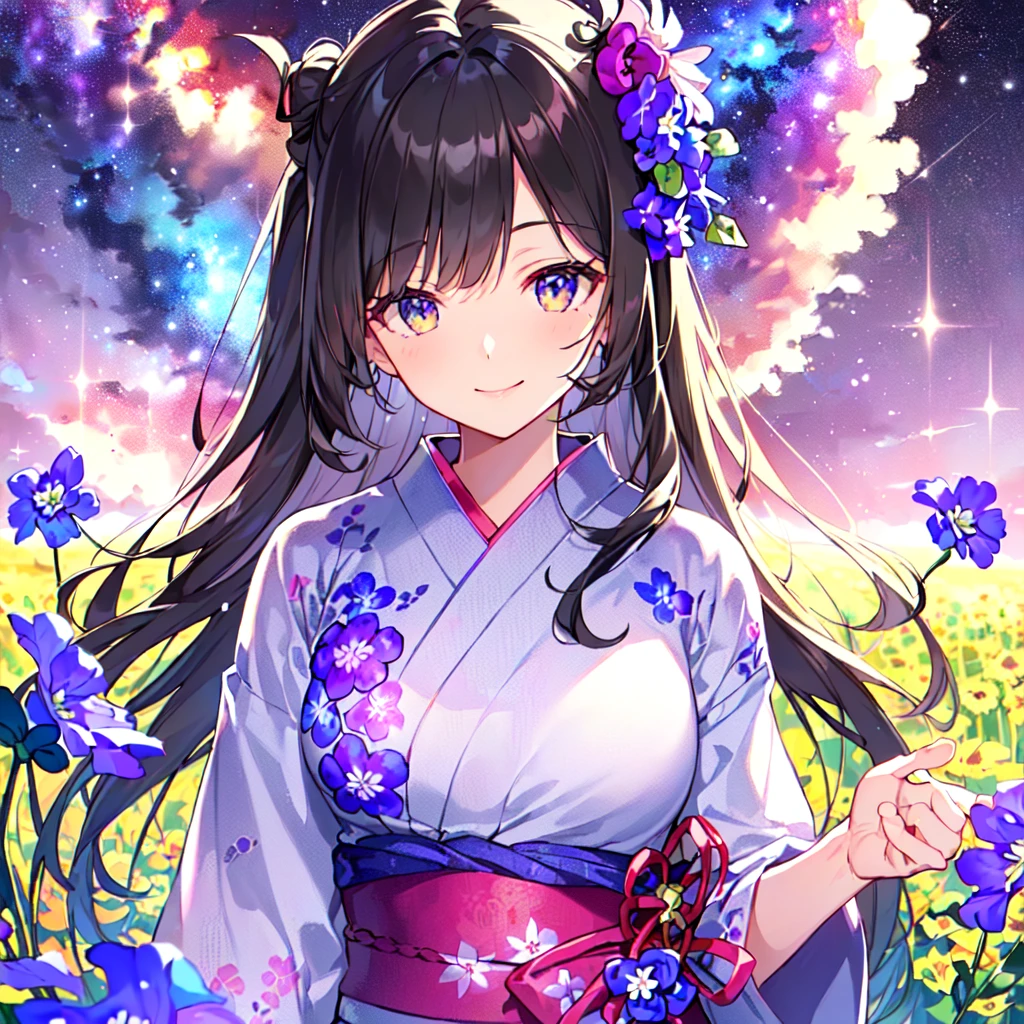 masterpiece, best quality, high quality, extremely detailed, very delicate and beautiful, (1 female 18 years old solo:1.5), (long black hair up to waist with two side up:1.5), bangs to eyebrows, eyes (eyes sharp, strong and glossy, eyebrows glossy, (eye color magenta: 1.3), 6.5 head height, (yukata bellflower flower print fashion: 1.3), bellflower hair ornament, knee socks, ruffles, lace, (smiling), (running), (dynamic pose), (background bellflower colorful flower field:1.3), (Milky Way Night Sky:1.3), (upper body:1.3)