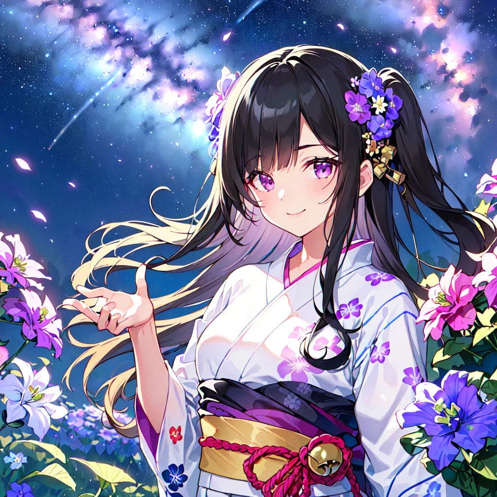 masterpiece, best quality, high quality, extremely detailed, very delicate and beautiful, (1 female 18 years old solo:1.5), (long black hair up to waist with two side up:1.5), bangs to eyebrows, eyes (eyes sharp, strong and glossy, eyebrows glossy, (eye color magenta: 1.3), 6.5 head height, (yukata bellflower flower print fashion: 1.3), bellflower hair ornament, knee socks, ruffles, lace, (smiling), (running), (dynamic pose), (background bellflower colorful flower field:1.3), (Milky Way Night Sky:1.3), (upper body:1.3)