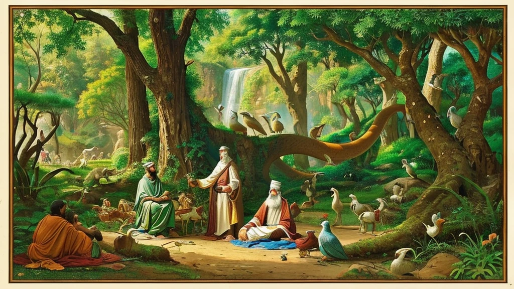 A scene from 600 years ago, where Saint Kabir is sitting under a large, ancient tree in a beautiful, lush forest. In front of him, a giant snake is conversing with him. The snake's face and eyes are filled with serenity and wisdom. Birds are chirping around, and a waterfall is flowing nearby, creating a peaceful atmosphere."