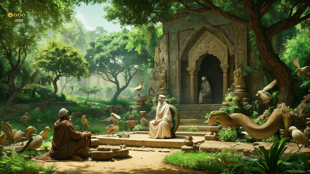 A scene from 600 years ago, where Saint Kabir is sitting under a large, ancient tree in a beautiful, lush forest. In front of him, a giant snake is conversing with him. The snake's face and eyes are filled with serenity and wisdom. Birds are chirping around, and a waterfall is flowing nearby, creating a peaceful atmosphere."