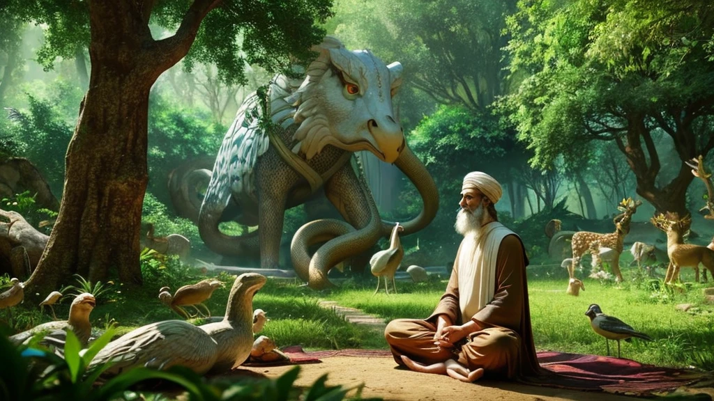 A scene from 600 years ago, where Saint Kabir is sitting under a large, ancient tree in a beautiful, lush forest. In front of him, a giant snake is conversing with him. The snake's face and eyes are filled with serenity and wisdom. Birds are chirping around, and a waterfall is flowing nearby, creating a peaceful atmosphere."