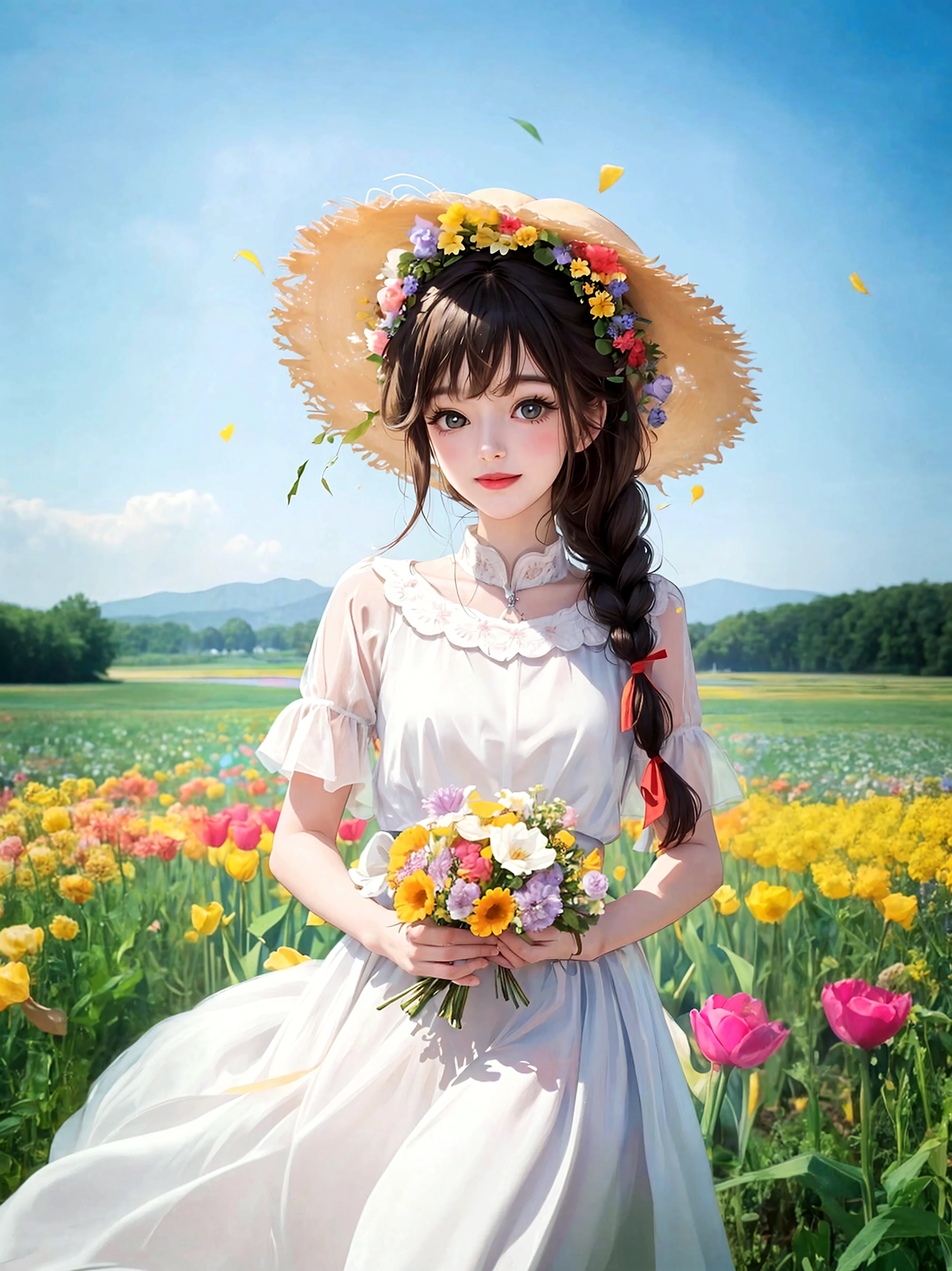 "Smile, delicate facial features in the backlight, floral dress, carrying flowers, living in the forest with the little white deer around you, hair fluffy, golden yellow tone matching -auto -s2" --auto --s2