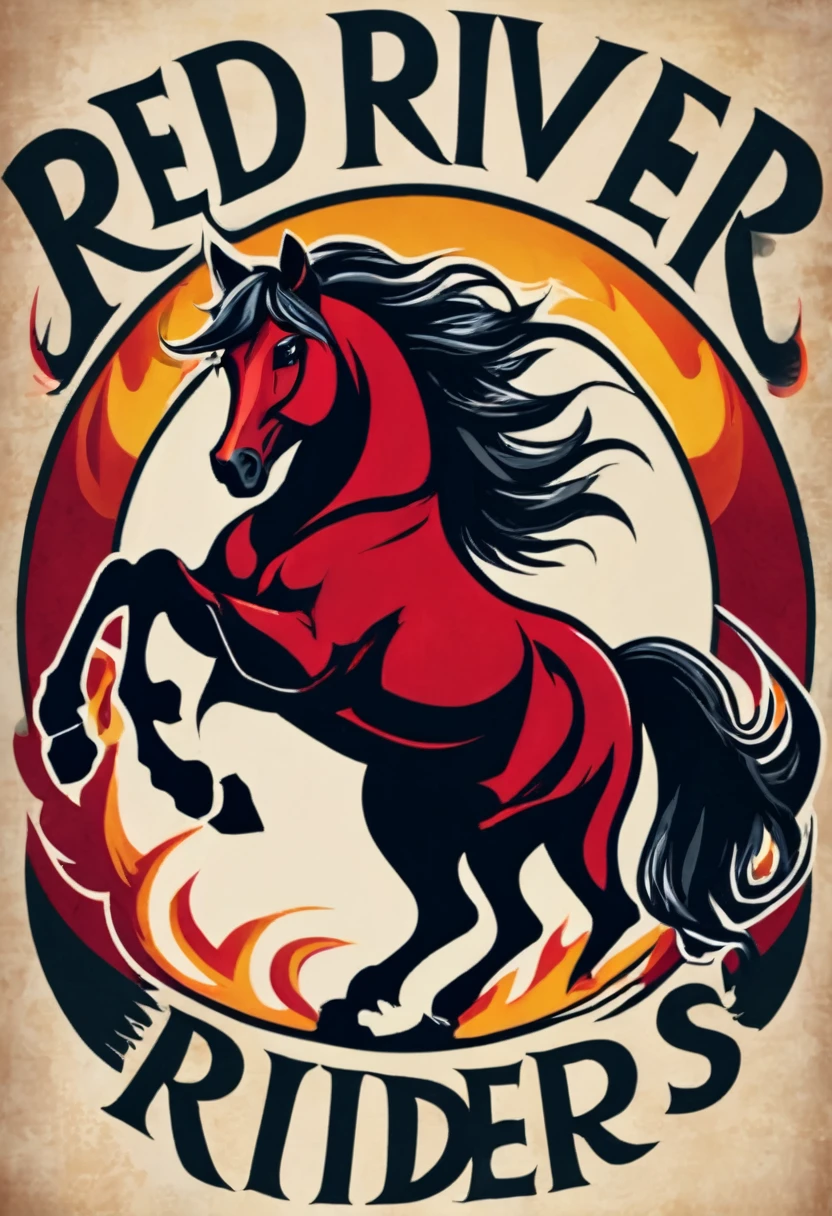 **Top Rocker:**
- **Text:** "RED RIVER RIDERS" in bold, capital letters completing the top rocker.
- **Background:** Rich crimson with sleek black outlines.
- **Font:** Powerful, serif typeface with a weathered, vintage aesthetic.

**Center Patch:**
- **Main Image:** A fierce, blazing stallion rearing up on its hind legs.
- **Details:** Flames emanating from the stallion's mane, tail, and hooves, creating a dynamic and intense appearance.
- **Colors:** Predominantly fiery red, vibrant orange, and glowing yellow flames with dark accents of black and charcoal for the stallion.

No text beneath the center patch.,(Masterpiece:1.3), (best quality:1.3), official art, 8k, intricate details, high details, high resolution,