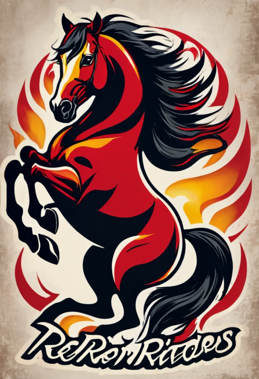**Top Rocker:**
- **Text:** "RED RIVER RIDERS" in bold, capital letters completing the top rocker.
- **Background:** Rich crimson with sleek black outlines.
- **Font:** Powerful, serif typeface with a weathered, vintage aesthetic.

**Center Patch:**
- **Main Image:** A fierce, blazing stallion rearing up on its hind legs.
- **Details:** Flames emanating from the stallion's mane, tail, and hooves, creating a dynamic and intense appearance.
- **Colors:** Predominantly fiery red, vibrant orange, and glowing yellow flames with dark accents of black and charcoal for the stallion.

No text beneath the center patch.,(Masterpiece:1.3), (best quality:1.3), official art, 8k, intricate details, high details, high resolution,