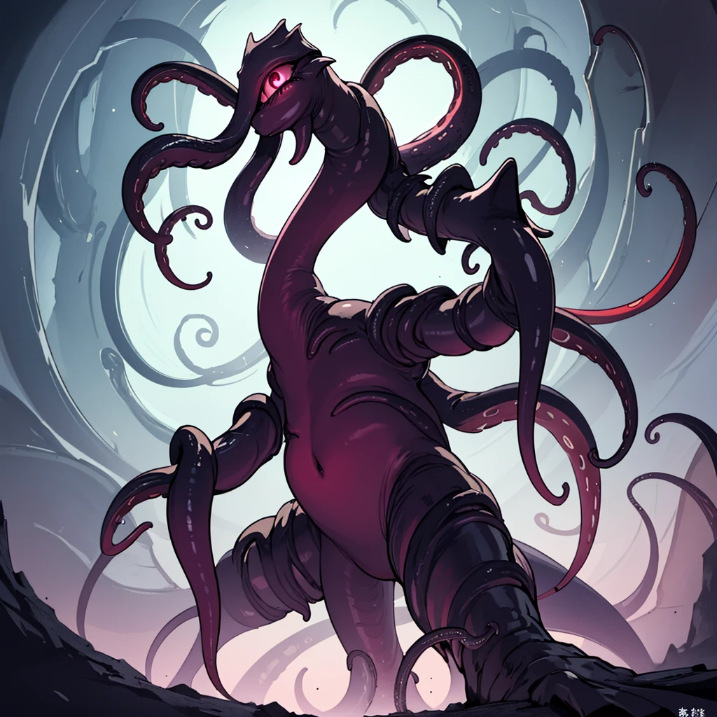 (No humans)、An alien tentacle creature with tentacles branching out from a central body with a single large eye、From below