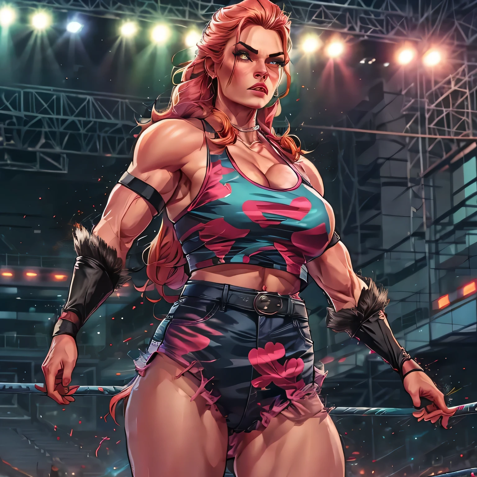 long wavy red hair, huge natural breasts cheerleader, seductive pose, (PixelArt:1), (blue eyes, cheerleader uniform upperbody portrait), curvy, looking at viewer, wink