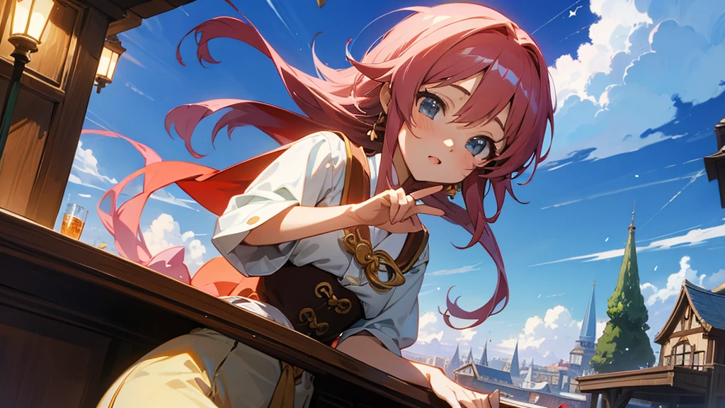 Anime Style,Nostalgic,Detailed background,Magical World,A lively bar with lots of people,Beautiful sky,Bard&#39;s Smiling Beauty,guitar,Large Breasts,Healthy thighs
