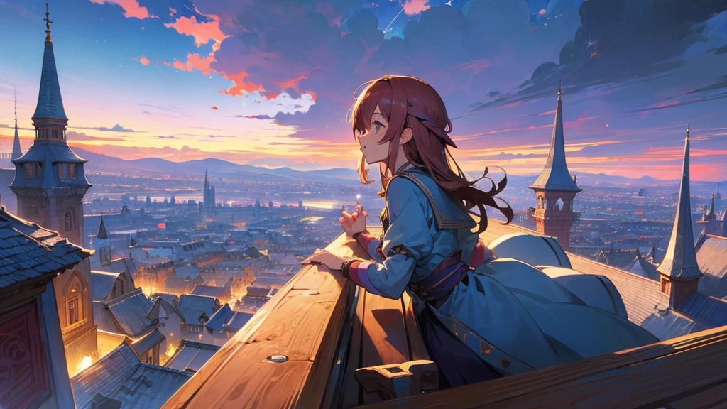 Anime Style,Nostalgic,Detailed background,Magical World,A lively bar with lots of people,Beautiful sky,Bard's Smiling Beauty,guitar,Large Breasts,Healthy thighs