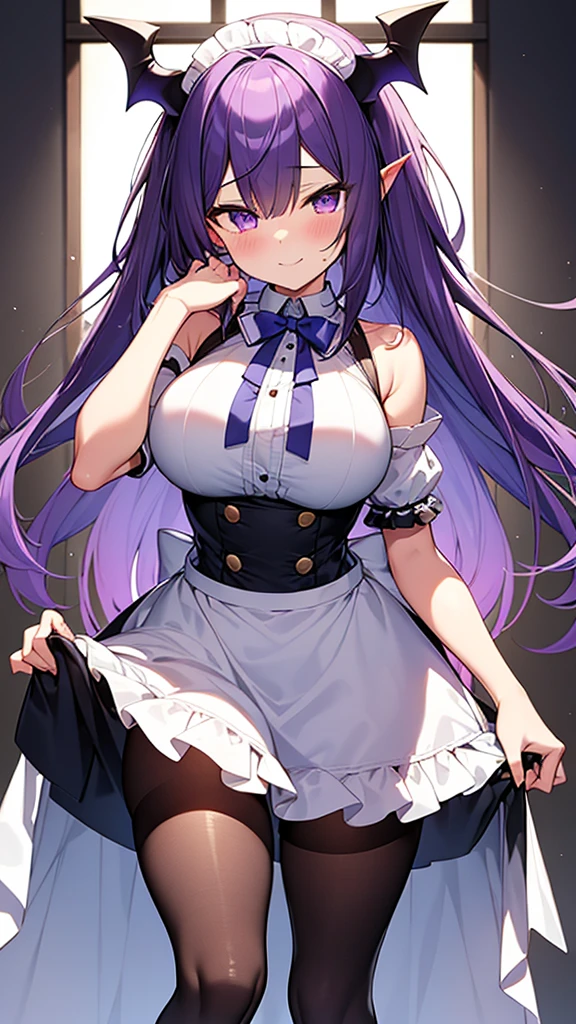 最high quality, high quality, 16K, Ultra-detailed details, pretty girl, alone, beautiful purple hair, Beautiful purple eyes, Big Breasts, A light smile, Summer clothes, Summer Maid clothes, I'm lifting my skirt, Blue and white color striped underwear(ビキニ), My crotch is wet with love juice, {{A succubus strips off the maid&#39;s face and clothes and takes her place}}, Full body image, NSFW