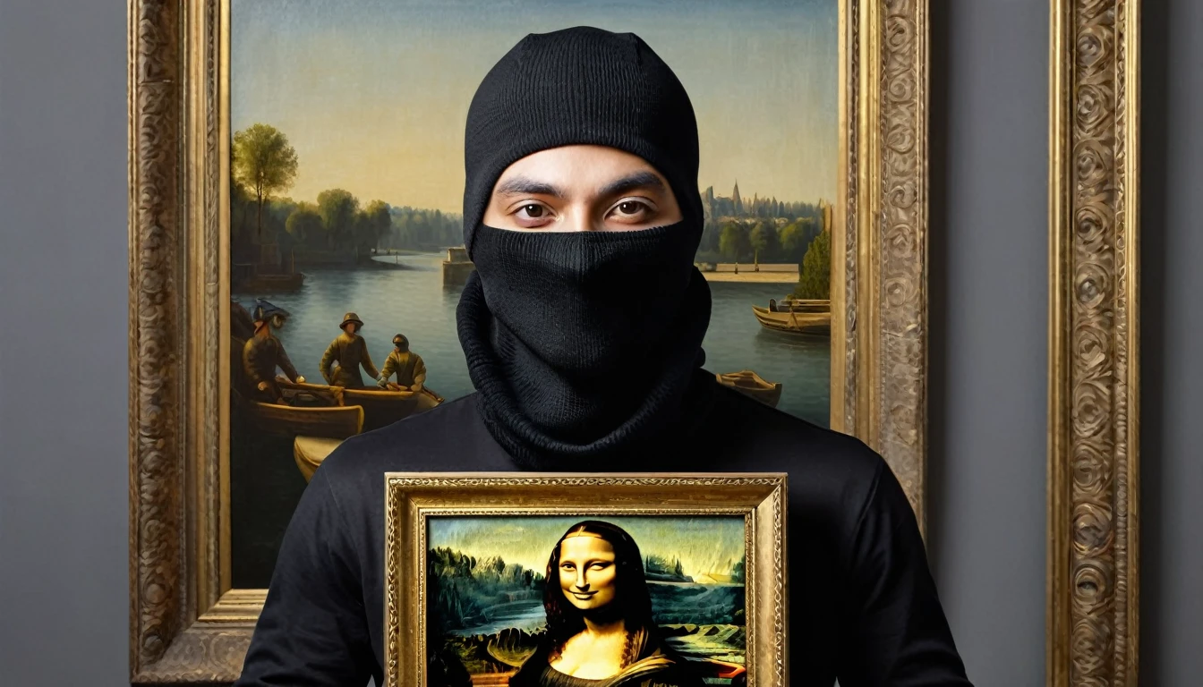 Create a hyperrealistic, ultra-detailed, high-quality image of a thief with their face covered by a black balaclava. The thief should be holding the stolen painting of the Mona Lisa with both hands, ensuring the painting is clearly visible and well-lit. The background should be a gradient gray, providing a neutral yet sophisticated backdrop that enhances the focus on the thief and the painting. Use professional lighting to highlight the textures and details of both the balaclava and the Mona Lisa painting. The composition should be sharp, with every detail meticulously rendered to create a striking, realistic image."