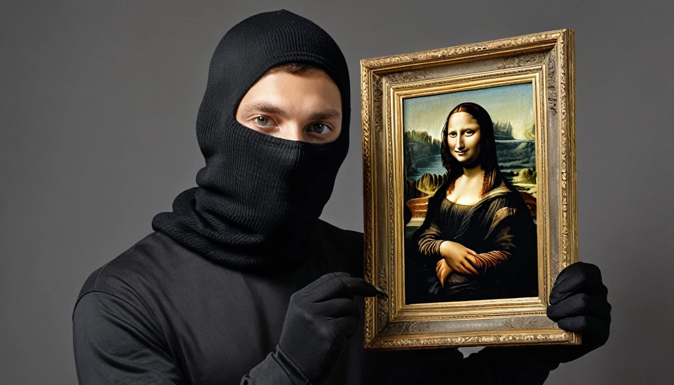 Create a hyperrealistic, ultra-detailed, high-quality image of a thief with their face covered by a black balaclava. The thief should be holding the stolen painting of the Mona Lisa with both hands, ensuring the painting is clearly visible and well-lit. The background should be a gradient gray, providing a neutral yet sophisticated backdrop that enhances the focus on the thief and the painting. Use professional lighting to highlight the textures and details of both the balaclava and the Mona Lisa painting. The composition should be sharp, with every detail meticulously rendered to create a striking, realistic image."