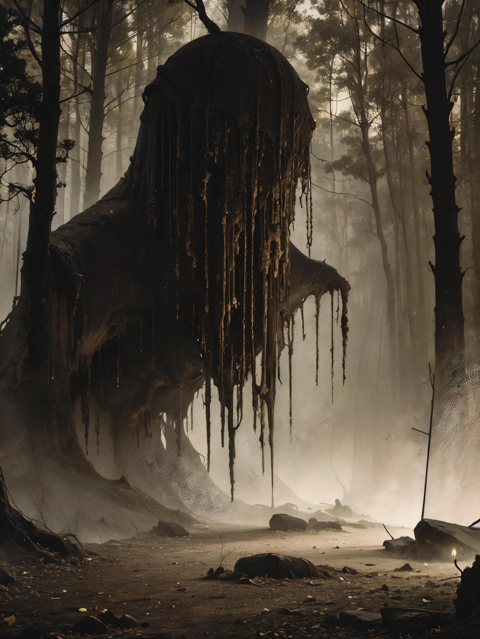 (best quality,4k,8k,highres,masterpiece:1.2),ultra-detailed,(realistic,photorealistic,photo-realistic:1.37),spooky forest,giant spider,twisted trees,dark atmosphere,eerie lighting,menacing presence,thick and sticky fluid,ominous vibes,dread-filled scenery,detailed spider web,creepy crawlies,horrifying spectacle,fractal patterns,nightmare-inducing,unsettling surroundings,horror movie setting,dreadful ambiance,vivid colors,sharp focus