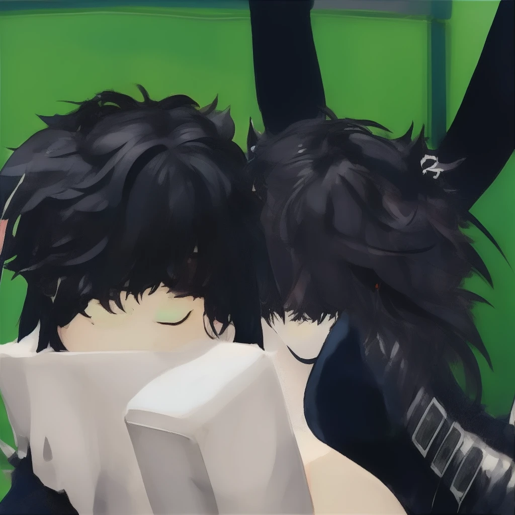 The image shows two anthropomorphic-looking figures sitting in a vibrant green armchair., with the background full of shades of blue and green that can suggest an outdoor setting or a fantasy environment. These figures have human characteristics, like hair and clothing, mas também têm elementos que lembram bunnies, like long ears and, in one of the cases, visible black boxing gloves. 

Both figures have dark, messy hair. One of them is holding what appears to be a piece of paper or a map., suggesting that they are involved in some activity that requires joint attention, such as reading or planning.

The figure on the right is wearing dark clothing, with part of the chest visible. She hugs the other figure tightly, conveying a sense of companionship or closeness. The figure on the left is wearing ripped black pants and white shoes.. The ears of "bunnies" they are different colors, one black and the other pink, adding a quirky and intriguing touch to the image.

The floor around the armchair is green, reinforcing the possibility of being in an external environment. There is a feeling of tranquility and camaraderie in the scene, with the two figures strengthening bonds of friendship or affection in a playful and welcoming atmosphere.