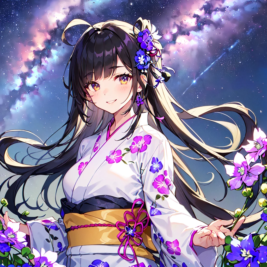 masterpiece, best quality, high quality, extremely detailed, very delicate and beautiful, (1 female 18 years old solo:1.5), (long black hair up to waist with two side up:1.5), bangs to eyebrows, eyes (eyes sharp, strong and glossy, eyebrows glossy, (eye color magenta: 1.3), 6.5 head height, (yukata bellflower flower print fashion: 1.3), bellflower hair ornament, knee socks, ruffles, lace, (smiling), (running), (dynamic pose), (background bellflower colorful flower field:1.3), (Milky Way Night Sky:1.3), (upper body:1.3)
