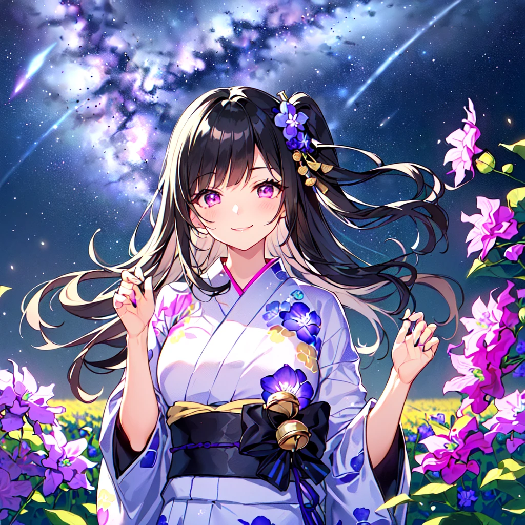 masterpiece, best quality, high quality, extremely detailed, very delicate and beautiful, (1 female 18 years old solo:1.5), (long black hair up to waist with two side up:1.5), bangs to eyebrows, eyes (eyes sharp, strong and glossy, eyebrows glossy, (eye color magenta: 1.3), 6.5 head height, (yukata bellflower flower print fashion: 1.3), bellflower hair ornament, knee socks, ruffles, lace, (smiling), (running), (dynamic pose), (background bellflower colorful flower field:1.3), (Milky Way Night Sky:1.3), (upper body:1.3)