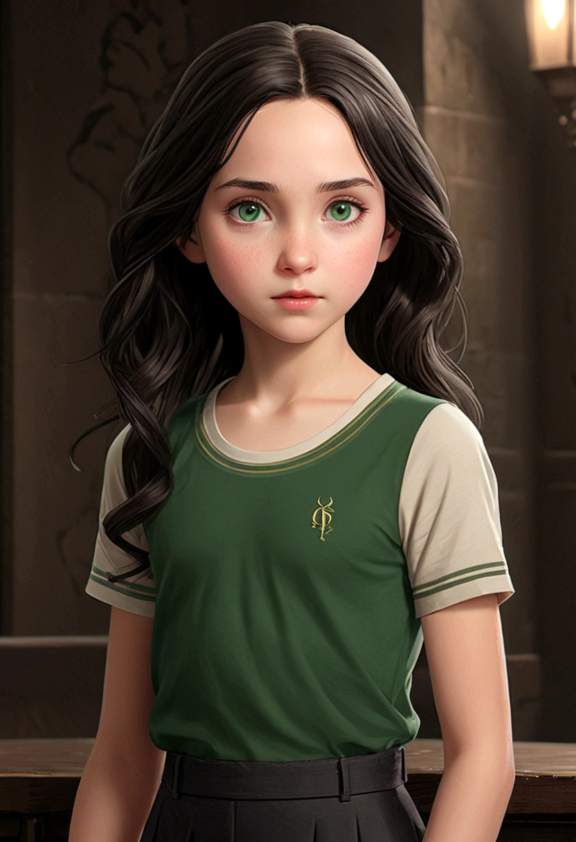 a young 9-year-old daughter of severus snape,((highest quality)),(ultra high resolution),(Super detailed),(detailed description),((best CG)),(best work of art) ,black hair、radiant green eyes ,super precision art, great drawing art,(Art with precise details:1.5), (1 man: 1.5) cute and feminine looking young, silky smooth back length brown hair, soft and cute facial features, slender dainty body, slim waist, small curves, small perky butt, silky smooth legs, very short height of 5ft 5,plain tee shirt and shortss, an overall cute girl