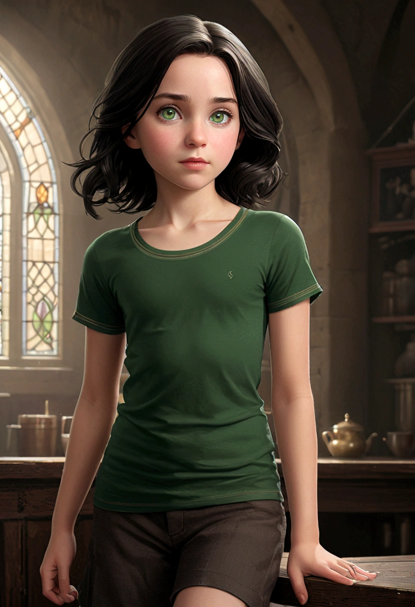 a young 9-year-old daughter of severus snape,((highest quality)),(ultra high resolution),(Super detailed),(detailed description),((best CG)),(best work of art) ,black hair、radiant green eyes ,super precision art, great drawing art,(Art with precise details:1.5), (1 man: 1.5) cute and feminine looking young, silky smooth back length brown hair, soft and cute facial features, slender dainty body, slim waist, small curves, small perky butt, silky smooth legs, very short height of 5ft 5,plain tee shirt and shortss, an overall cute girl