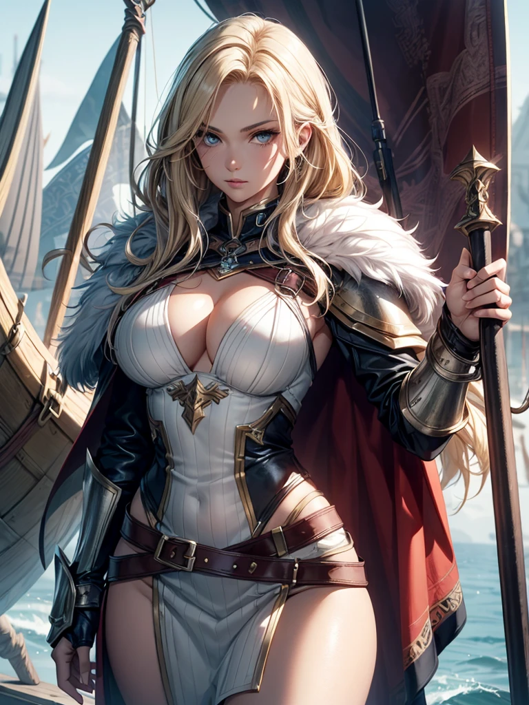 Gorgeous Woman, Valkyrie, Long blonde hair, blue eyes, detailed facial features, proportional hands, proportional fingers, leather armor, fur cape, viking ship, sultry look, seductive,
