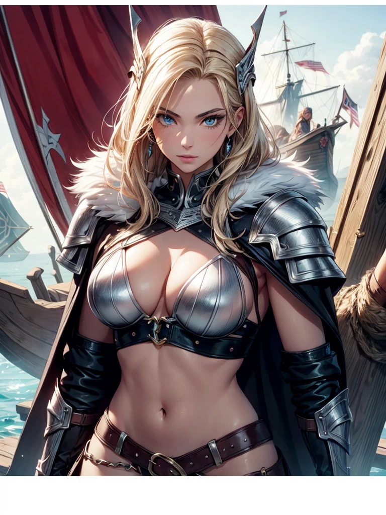 Gorgeous Woman, Valkyrie, Long blonde hair, blue eyes, detailed facial features, proportional hands, proportional fingers, leather armor, fur cape, viking ship, sultry look, seductive,
