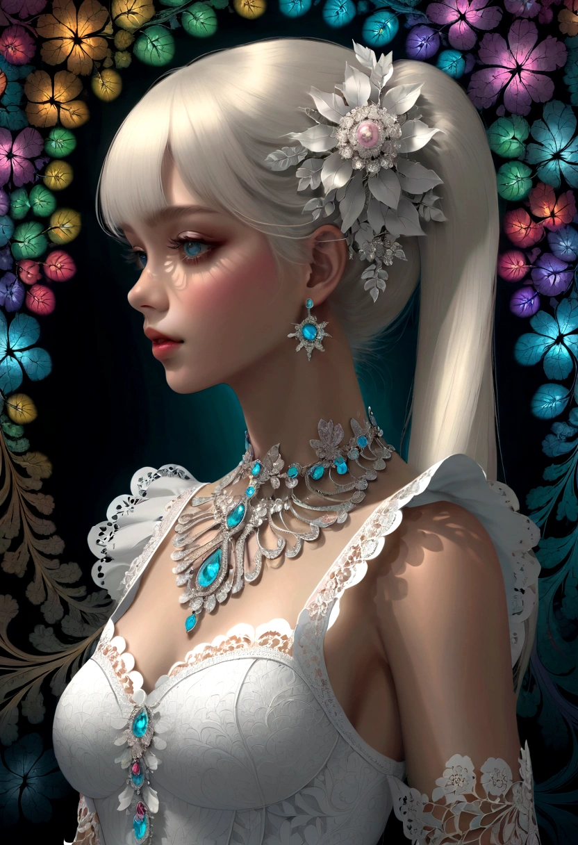 (masterpiece, Top quality, best quality, Official Art, beautiful and aesthetic:1.2), (1 Girl), Twin Tails, Extremely detailed,(Fractal Art:1.3),rich and colorful,The most detailed,Upper Body, [Lace],[Jewelry],[flower],