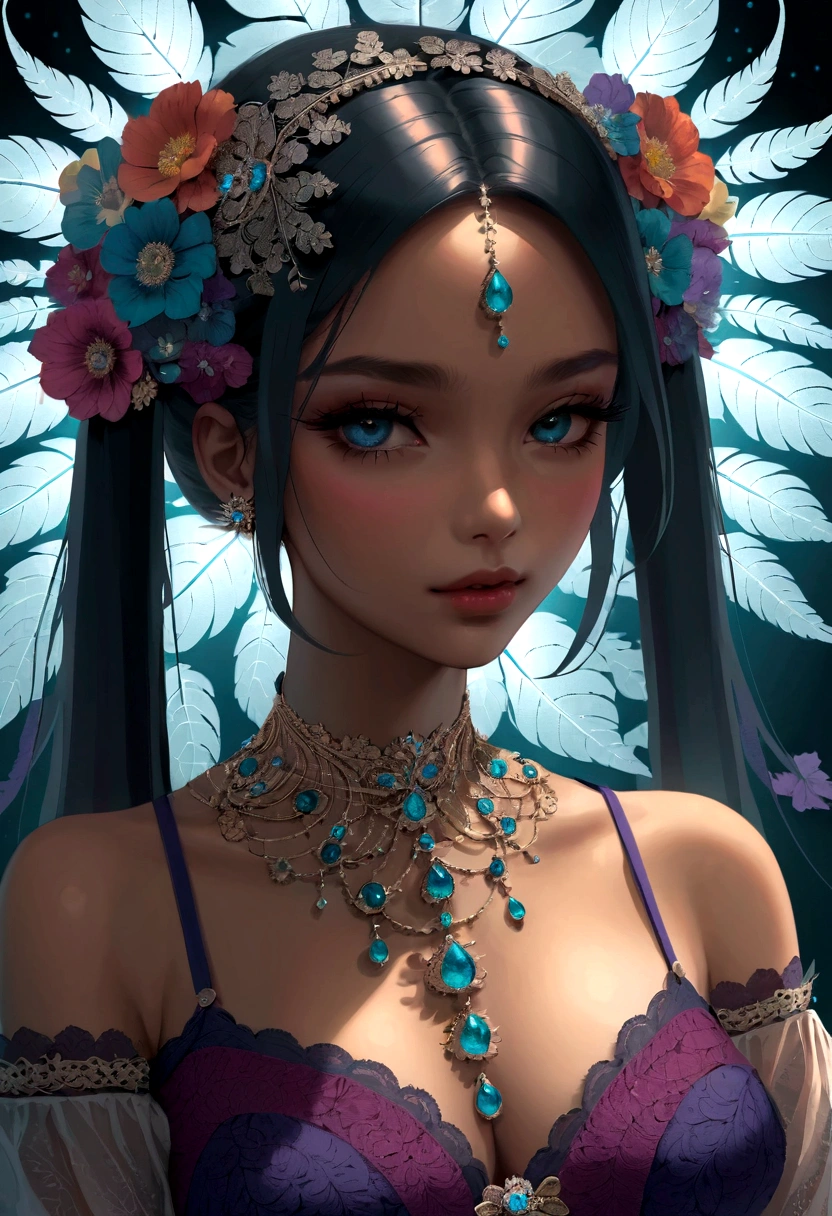 (masterpiece, Top quality, best quality, Official Art, beautiful and aesthetic:1.2), (1 Girl), Twin Tails, Extremely detailed,(Fractal Art:1.3),rich and colorful,The most detailed,Upper Body, [Lace],[Jewelry],[flower],