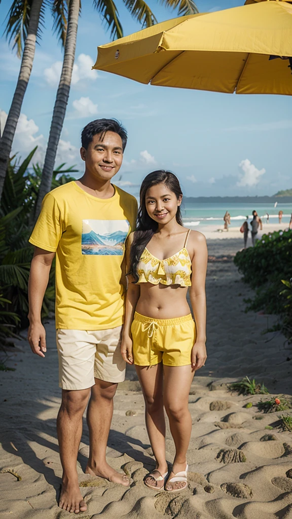 Realistic pilipino couple wearing a yellow summer outfit  and shorts standing in beach of boracay .