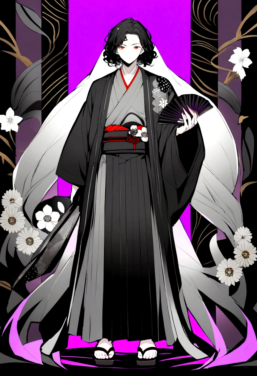 Male anime character Height 1.9 mts, black curly hair reaching the shoulders, Traditional gray kimono from Japan with black and white flowers, traditional sandals, red eyes with purple glow and a black fan in the right hand