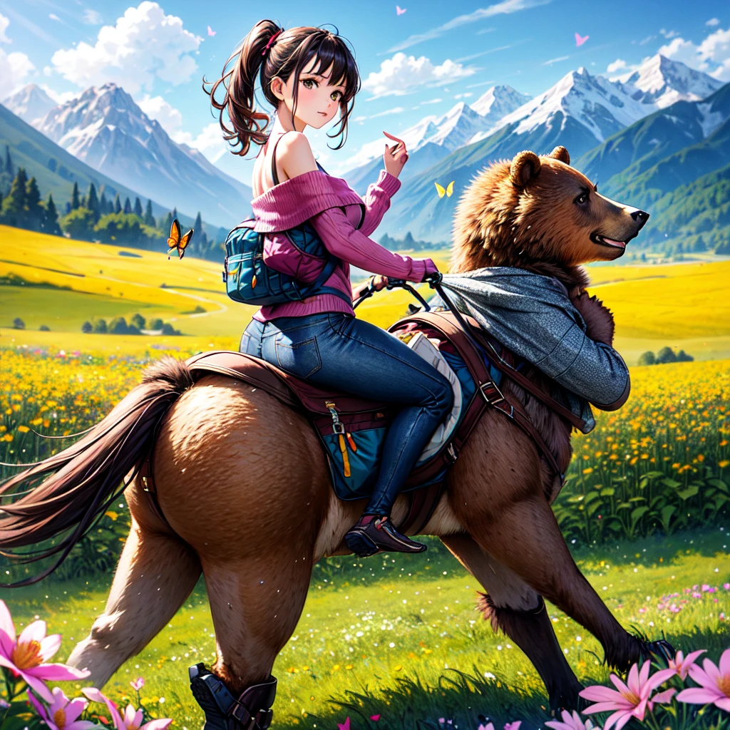 ((best quality)), ((masterpiece)), (detailed), 1girl, off-shoulder sweater, a riding bear in heavy armor and a saddle loaded with hiking bags walks through a flower meadow over which butterflies flutter against the backdrop of high mountains,