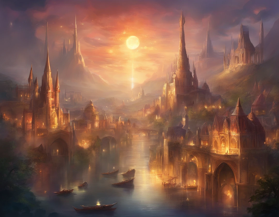 A city similar to ancient London where lights provided by magic illuminate the walled city