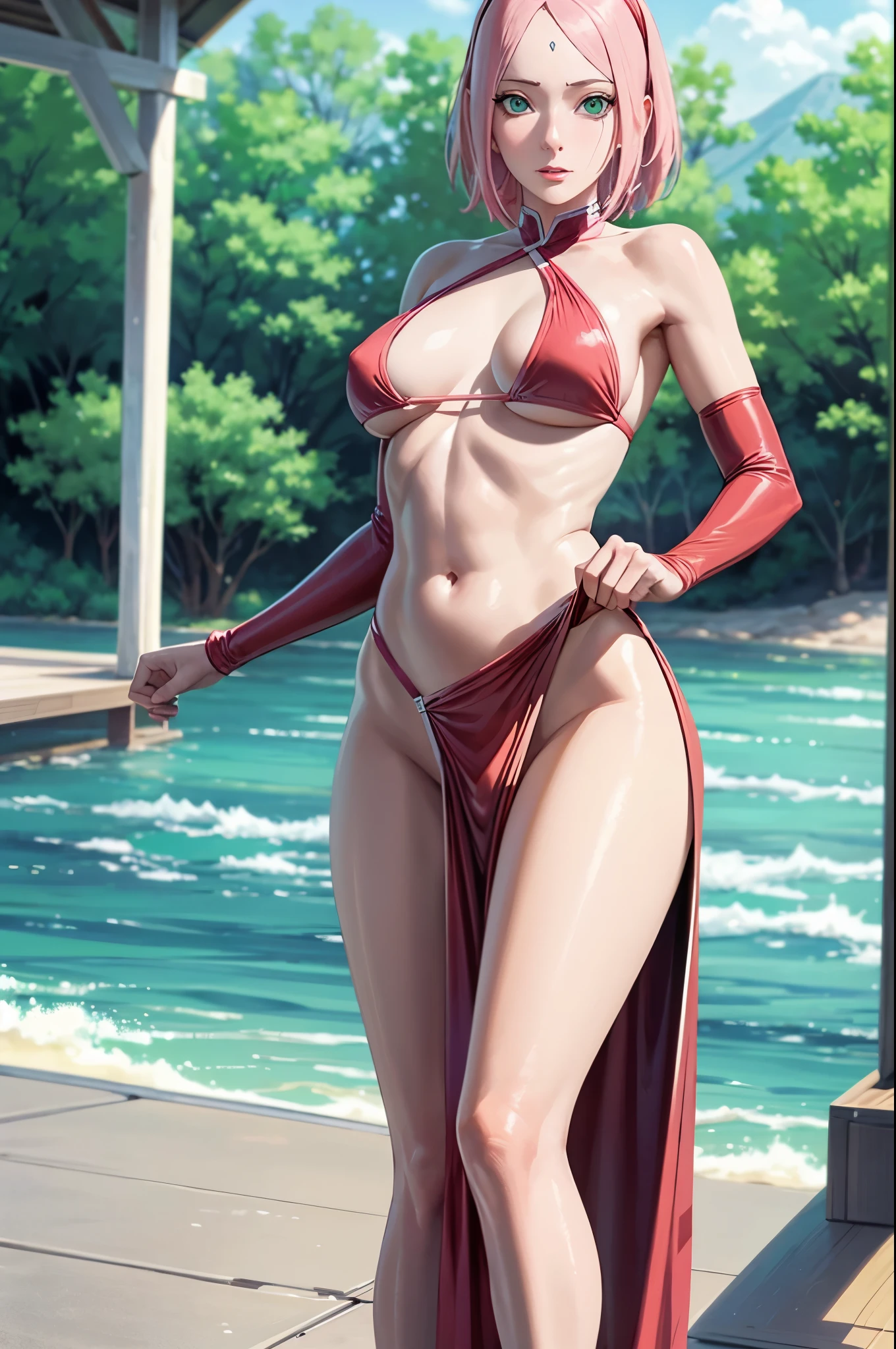NSFW, (girl),((optimal quality)), ((Masterpiece)), (A detailed: 1.4),face red,perspire,showing niples, fully naked,The ultimate masterpiece,(fidelity:1.2),(sexy),open air bath, (Huge chest), Open crotch, Open legs, (Smooth: 1.1), (Cutes: 0.9), (shiny: 1.1),, red lips, lust face, sakura haruno from naruto anime, cute pose, super small bikini ,g string, very big breast, big ass, detailed lines, 8k image, no blur
