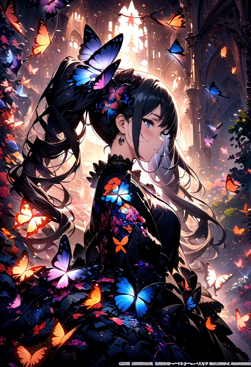 (masterpiece, Top quality, best quality, Official Art, beautiful and aesthetic:1.2), (1 Girl), Twin Tails, Extremely detailed,(Fractal Art:1.3),rich and colorful,The most detailed,Upper Body, [Lace],[Jewelry],[flower],[[Butterfly]],