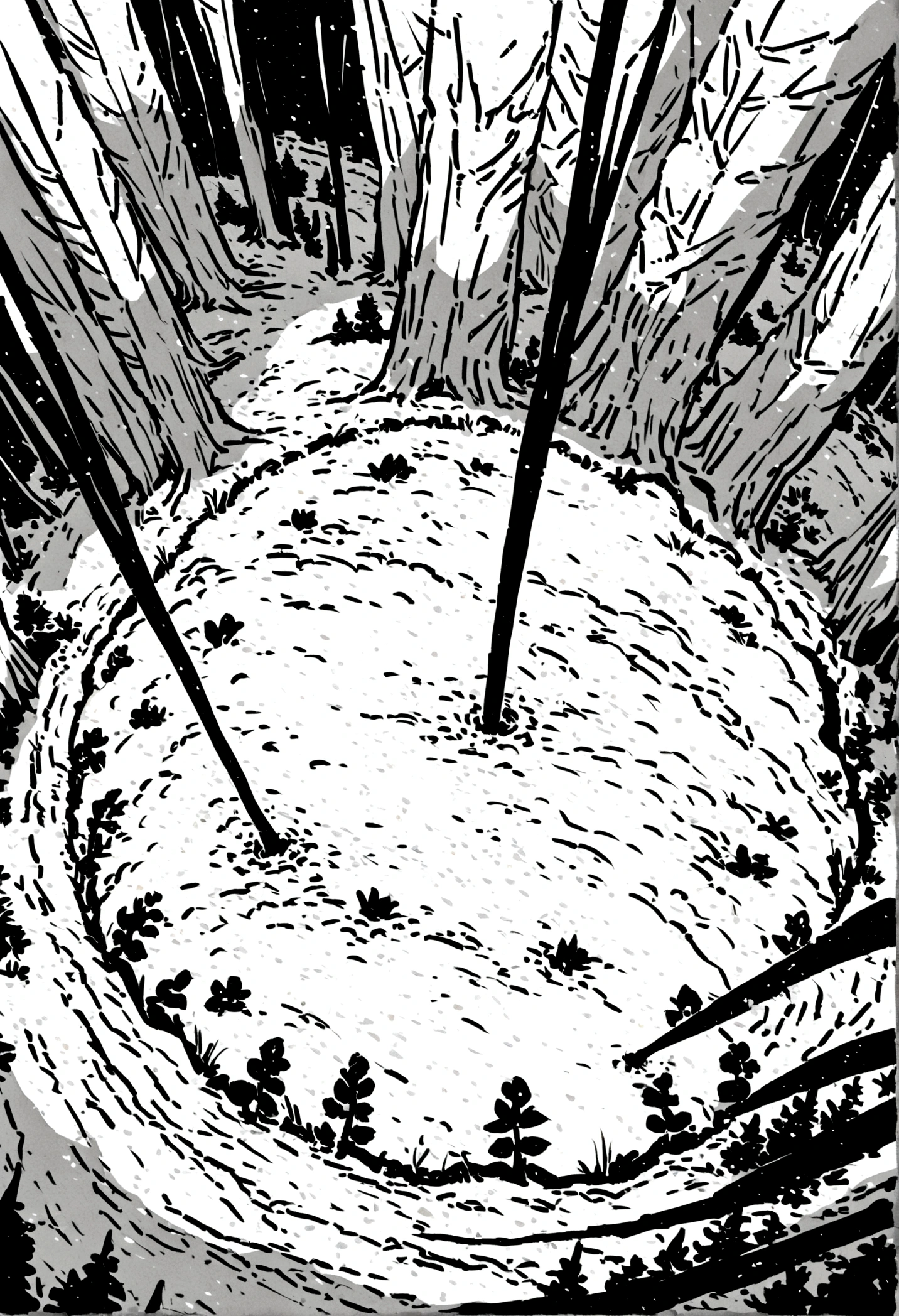 A hunter wearing a coat made of animal fur in the snowy forests of ancient Japan1People standing,elder,((Matagi)),Old-fashioned clothing,Bird's-eye view,Overhead looking down angle,男のelder,Hunting rifle,coir,Top-down composition,
Follow the footprints through the snow in the tracks of a hunter.